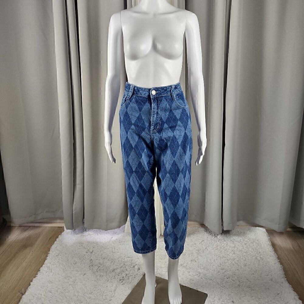 Rue 21 100% Cotton Blue Diamond Check Denim Capri Jeans Pants 5 Pocket Size 12
